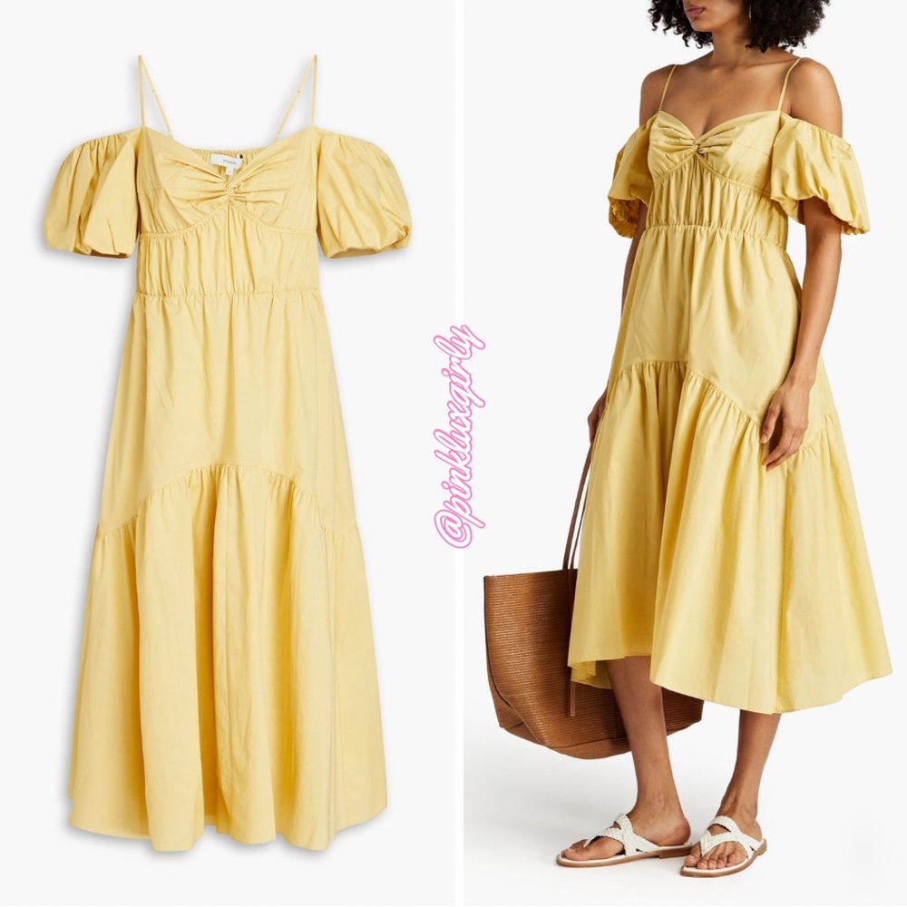 $446 VINCE Cold-shoulder gathered slub cotton midi dress